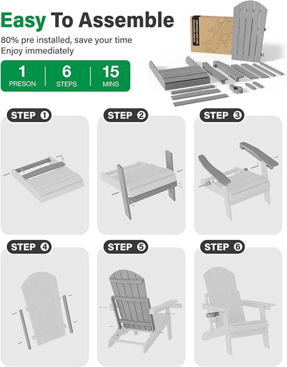YEFU Adirondack Chair with Retractable Ottoman: Folding Adirondack Chairs Set of 2-5-Level Adjustable Backrest with Footrest - Fire Pit Chairs - Cup Holder - Outdoor Plastic Chair for Patio