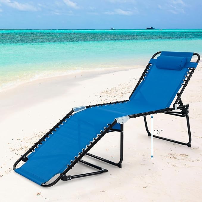 Tangkula Beach Lounge Chair for Outside, Folding Chaise Lounge Outdoor with 4-Position Backrest, Removable Headrest and Side Pocket, Portable Sunbathing Tanning Chair for Patio, Poolside (1, Navy)