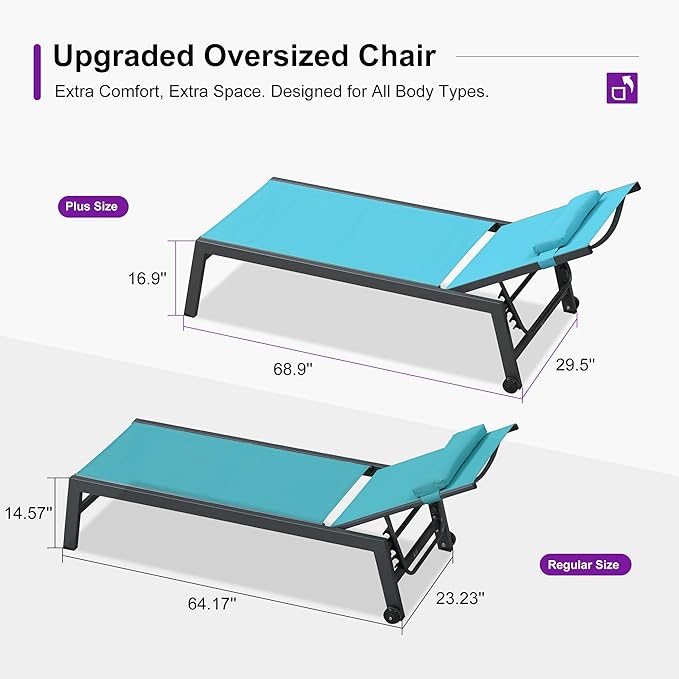 PURPLE LEAF Outdoor Oversized Lounge Chair Set Patio Chaise Pool Lounger Aluminum Frame with 2 Side Table and Wheels for Outside Sunbathing Tanning Recliner Including Pillows Turquoise Blue