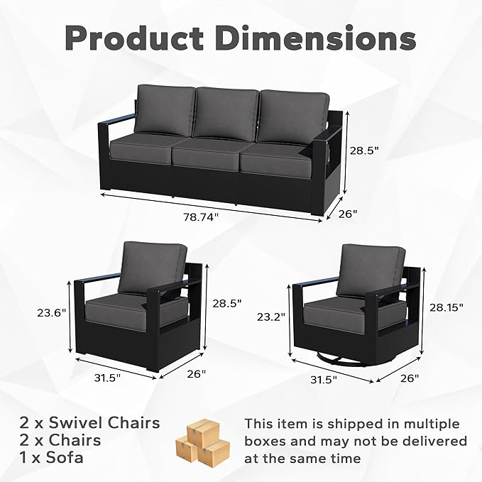 Outdoor Aluminum Furniture Set, 5-Piece Patio Conversation Set, 2 Swivel Chairs, 2 Chairs and 1 Sofa, All-Weather Metal Frame, 6" Thick Removable Cushions, Deep Setting for Garden and Porch
