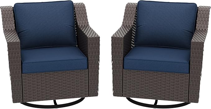 Patio 2 Pieces Wicker Swivel Chairs Set of 2，Outdoor PE Rattan Rocking Glider Armchairs, Water-Resistant Cushions with Removable and Washable Covers, Porch, Balcony, Sunroom (Navy Blue)