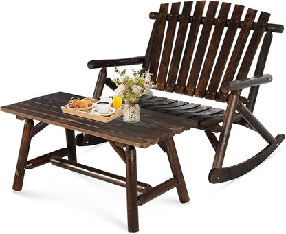 Patio Wooden Rocking Bench, Outdoor Conversation Sets with 2-Seater Adirondack Porch Rocker Loveseat and Coffee Table, Patio Rustic Log Rocker Bench for Deck, Backyard, Garden, Carbonized