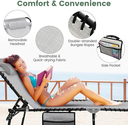 Tangkula Beach Lounge Chair for Outside, Folding Chaise Lounge Outdoor with 4-Position Backrest, Removable Headrest and Side Pocket, Portable Sunbathing Tanning Chair for Patio, Poolside (1, Grey)