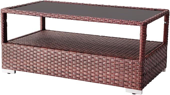DIMAR GARDEN Outdoor Coffee Table Wicker Patio Rattan Side Table with Glass Top and Storage Shelf,40in Mixed Brown - Photo 6