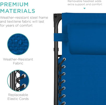Best Choice Products Folding Zero Gravity Outdoor Recliner Patio Lounge Chair w/Adjustable Canopy Shade, Headrest, Side Accessory Tray, Textilene Mesh - Marine Blue