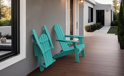 Folding Adirondack Chair, Wooden Textured Plastic Adirondack Chairs with 2 Cup Holder, Weather Resistant HDPE Fire Pit Chair, Outdoor Patio Chairs for Garden, Backyard, Lawn, Deck, 380LBS, Lake Blue