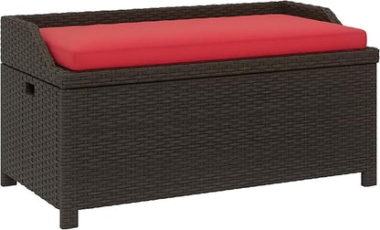 Outsunny 34 Gallon Outdoor Wicker Storage Bench Deck Box, PE Rattan Patio Furniture Pool Storage Bin Container with Interior Waterproof Cloth Bag and Comfortable Cushion, Red