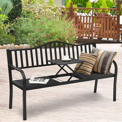 DORTALA Patio Garden Bench w/Steel Frame, Heavy-Duty Metal Park Bench, Outdoor Loveseat w/Foldable Middle Table, Ergonomic Backrest for Lawn, Porch, Path, Black