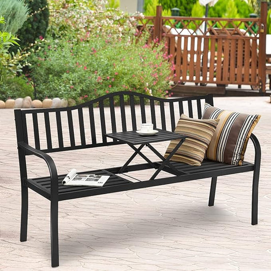DORTALA Patio Garden Bench w/Steel Frame, Heavy-Duty Metal Park Bench, Outdoor Loveseat w/Foldable Middle Table, Ergonomic Backrest for Lawn, Porch, Path, Black