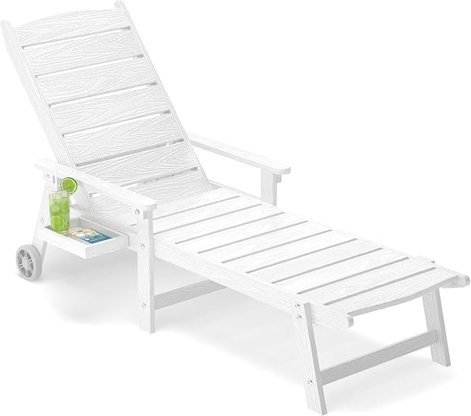 Outdoor Chaise Lounge Chair with Wheels, 6.3ft Full-Length Patio Pool Lounge Chairs,5-Position Adjustable Backrest (Flat Recline), Flip-Down Side Tray,HIPS All-Weather for Poolside, Deck,Beach