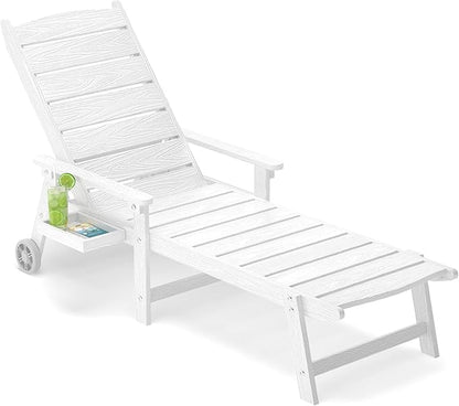 Outdoor Chaise Lounge Chair with Wheels, 6.3ft Full-Length Patio Pool Lounge Chairs,5-Position Adjustable Backrest (Flat Recline), Flip-Down Side Tray,HIPS All-Weather for Poolside, Deck,Beach