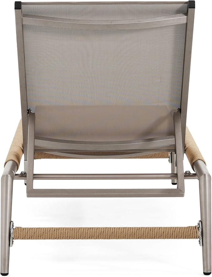 Christopher Knight Home Hargrove Patio Chaise Lounge, Aluminum Frame, Mesh Seating and Rope-Wrapped Legs, 5-Position Adjustable Backrest/Height, Outdoor Relaxation, Poolside, Natural+Silver,1 pcs