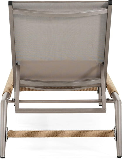 Christopher Knight Home Hargrove Patio Chaise Lounge, Aluminum Frame, Mesh Seating and Rope-Wrapped Legs, 5-Position Adjustable Backrest/Height, Outdoor Relaxation, Poolside, Natural+Silver,1 pcs