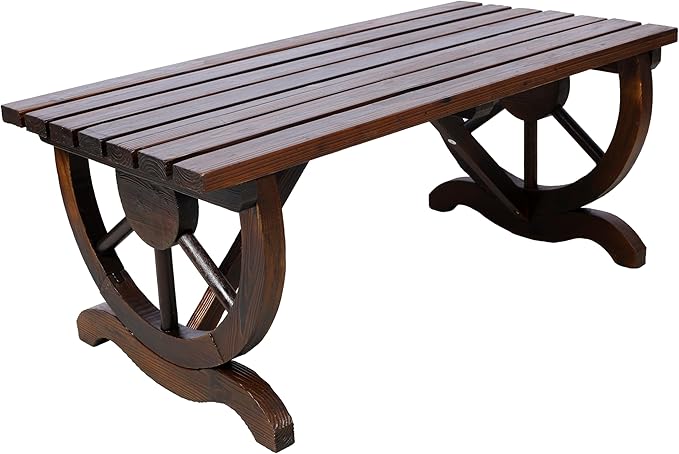 Outdoor Rustic Wooden Bench, 2 People Outdoor Bench with Wagon Wheel Legs, Garden Bench for Front Porch Furniture Patio Lawn Yard Park, Indoor and Outdoor Decor (Rustic Brown)