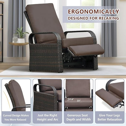 ATR ART TO REAL Outdoor Recliner, Outdoor Wicker Recliner Chair with 5.5'' Thickness Cushions, Automatic Adjustable Rattan Patio Chaise Lounge Chairs, Aluminum Frame, Anti-UV and Rustless (Dark Brown)