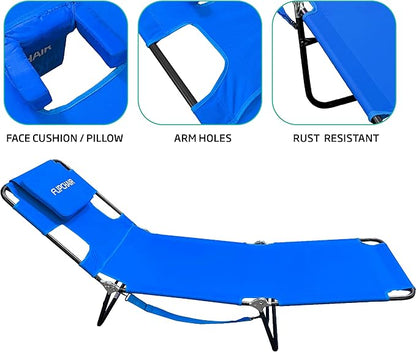 Face Down Tanning Chaise Lounge Chair - Face & Arm Holes - 2 Legs Support - Polyester Material – Backrest Positions - Head Rest Pillow - Beach or Home Use – Read and Tan - Blue Stripes Pattern