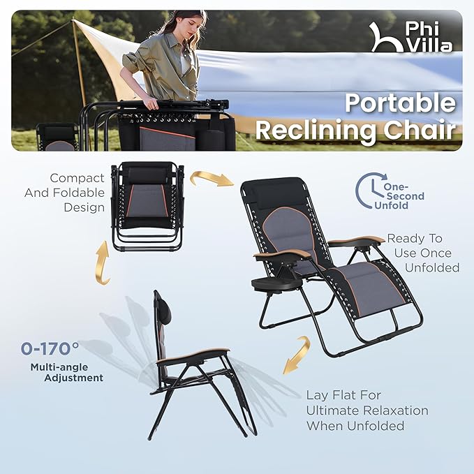 PHI VILLA XXL Oversized Padded Zero Gravity Chair Set of 2, Foldable Patio Recliner, 30" Wide Seat Anti Gravity Lounger with Armrest and Cup Holder, Support 400 LBS (Black & Orange Accents)