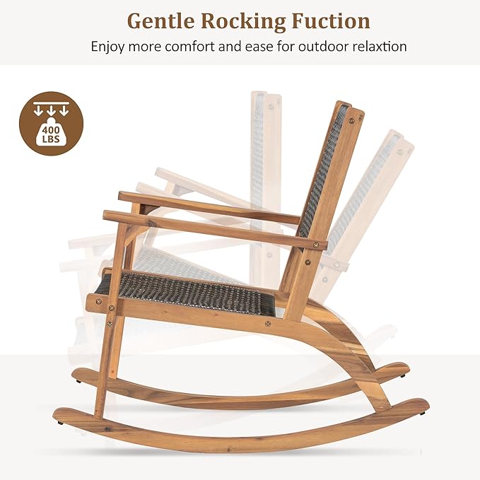 2 Piece Patio Rocking Chair Set, Acacia Wood Outdoor Rockers with PE Rattan Seat and Backrest, Comfortable Garden Porch Chairs for Backyard, Balcony and Poolside, Dark Brown