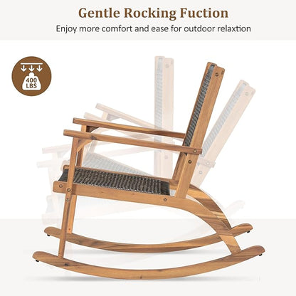 2 Piece Patio Rocking Chair Set, Acacia Wood Outdoor Rockers with PE Rattan Seat and Backrest, Comfortable Garden Porch Chairs for Backyard, Balcony and Poolside, Dark Brown