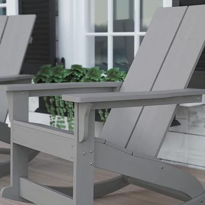 Flash Furniture Finn Modern Commercial Poly Resin Wood Adirondack Rocking Chair - All Weather Gray Polystyrene - Dual Slat Back - Stainless Steel Hardware - Set of 2