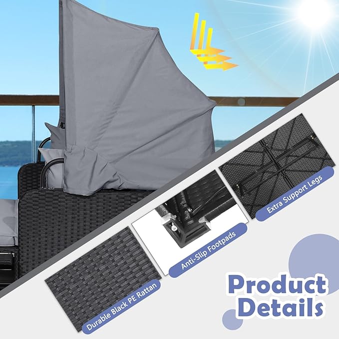 Tangkula Patio Rattan Daybed with Retractable Canopy, Outdoor Wicker Sunbed Lounger with 2 Foldable Side Tables - Photo 5