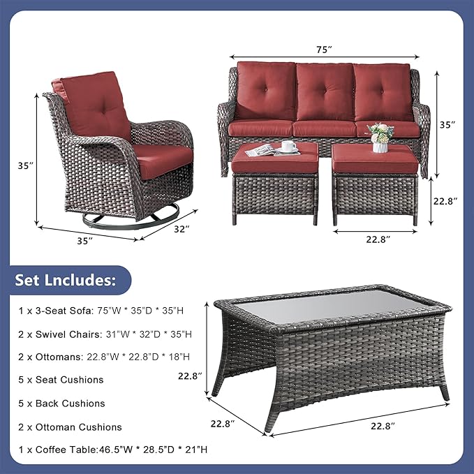Rilyson Wicker Patio Furniture Set - 6 Piece Rattan Outdoor Sectional Conversation Sets with 2 Rocking Chair, 2 Ottoman - Photo 2