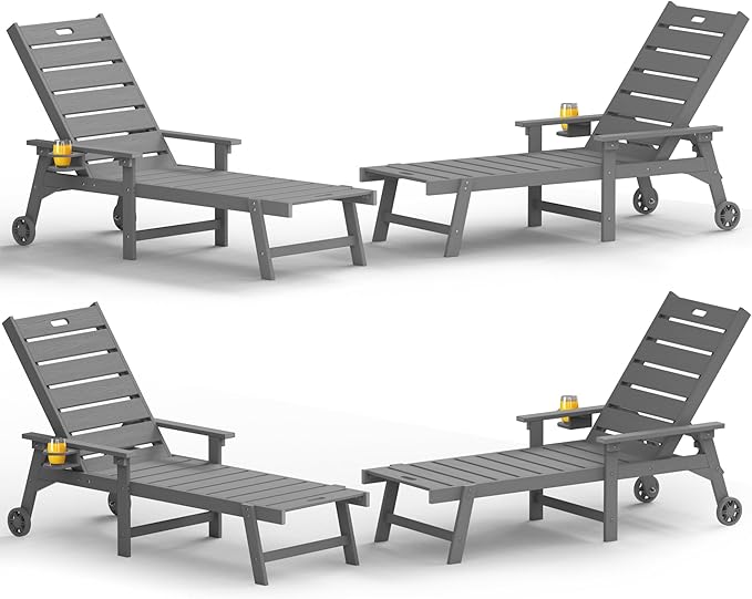 YEFU Lounge Chair Outdoor Set of 4: Outdoor Chaise Lounge with 5-Level Adjustable Backrest, Cup Holders & Wheels, All-Weather Resistance Chaise Lounge for Outside/Patio/Beach/Deck, Grey