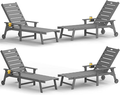 YEFU Lounge Chair Outdoor Set of 4: Outdoor Chaise Lounge with 5-Level Adjustable Backrest, Cup Holders & Wheels, All-Weather Resistance Chaise Lounge for Outside/Patio/Beach/Deck, Grey
