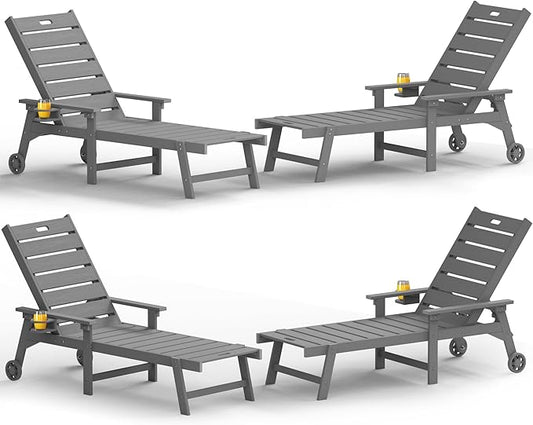 YEFU Lounge Chair Outdoor Set of 4: Outdoor Chaise Lounge with 5-Level Adjustable Backrest, Cup Holders & Wheels, All-Weather Resistance Chaise Lounge for Outside/Patio/Beach/Deck, Grey