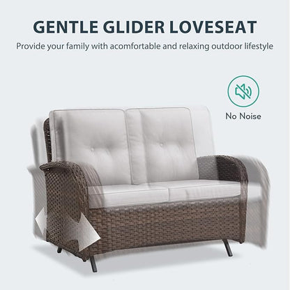 Patio Rocking Chair - 6 Peices Outdoor Wicker Rocker Porch Chair Set with A Rocking Loveseat, Tempered Glass Side Table, and 2 Ottoman, Rattan Seating for Balcony Garden Brown/Beige