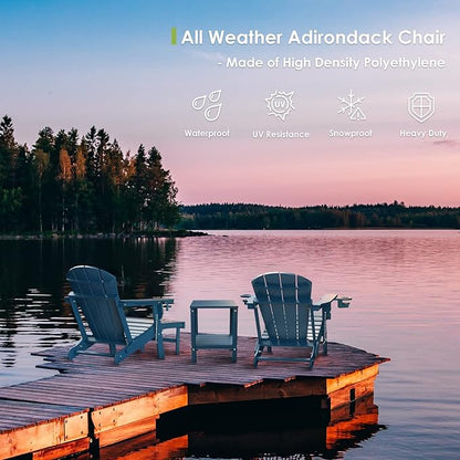 GREENVINES Adirondack-Chairs-with-Ottoman | Set of 2 | Folding | Retractable-Footrest | HDPE Plastic | All Weather Fire Pit Chair | Cup Holders | Blue | for Outdoor Poolside