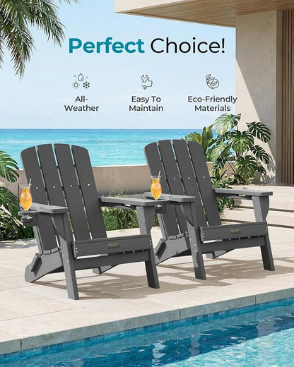 Folding Adirondack Chair 2 Pack, HDPE All-Weather Fire Pit Chairs, Plastic Adirondack Chairs with 2 Cup Holder, Outdoor Lawn Chair for Patio Garden (Grey)