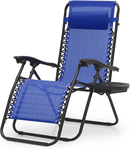 Magshion Zero Gravity Lounge Chair, Adjustable Folding Recliner with Cup Holder Side Tray & Removable Headrest Pillow, Portable Outdoor Patio Lounger for Camping, Beach, Lawn, Backyard, Blue