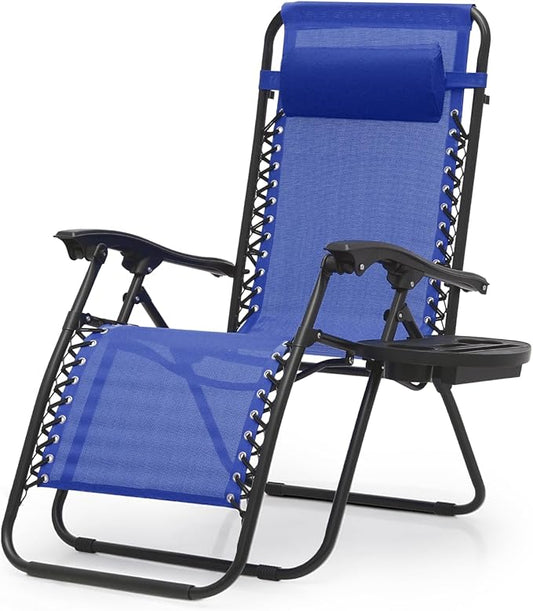 Magshion Zero Gravity Lounge Chair, Adjustable Folding Recliner with Cup Holder Side Tray & Removable Headrest Pillow, Portable Outdoor Patio Lounger for Camping, Beach, Lawn, Backyard, Blue