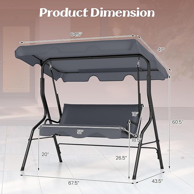 Tangkula 3 Person Porch Swing, Patio Swing with Removable Cushion & Powder-Coated Steel Frame - Photo 6
