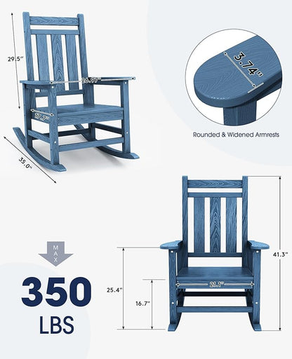 KINGYES Oversized Outdoor Rocking Chair Set of 8, All-Weather Patio Rocking Chairs for Porch, HDPE Outdoor Patio Rockers with High Back & Wide Seat for Garden, Lawn, Blue