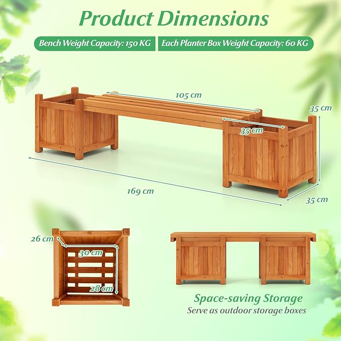 HAPPYGRILL 2-in-1 Outdoor Bench with 2 Raised Garden Beds, 2 Person Patio Bench with Teak Oil Finish, Open-Ended Base, Wooden Garden Bench for Flowerpots, Indoor Patio Yard Porch Decoration (1)