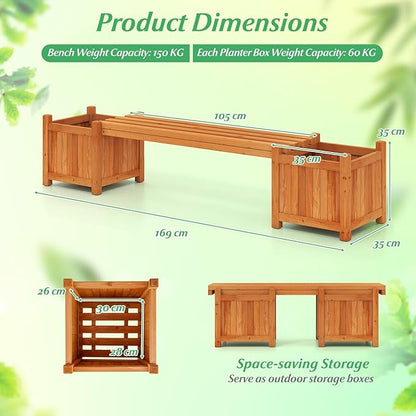 HAPPYGRILL 2-in-1 Outdoor Bench with 2 Raised Garden Beds, 2 Person Patio Bench with Teak Oil Finish, Open-Ended Base, Wooden Garden Bench for Flowerpots, Indoor Patio Yard Porch Decoration (2)