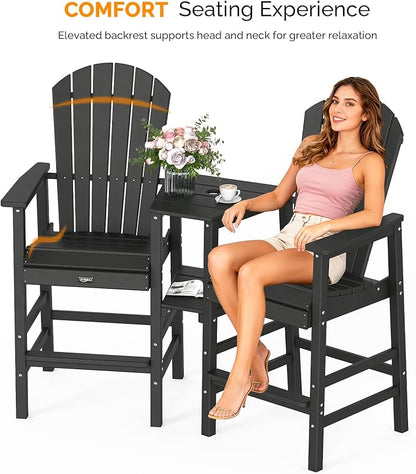 VINGLI Tall Adirondack Chairs Set of 2, All Weather HDPE Bar Height Adirondack Chair with Double Trays, Adirondack Barstools for Balcony, Poolside, Backyard and Patio (Black)