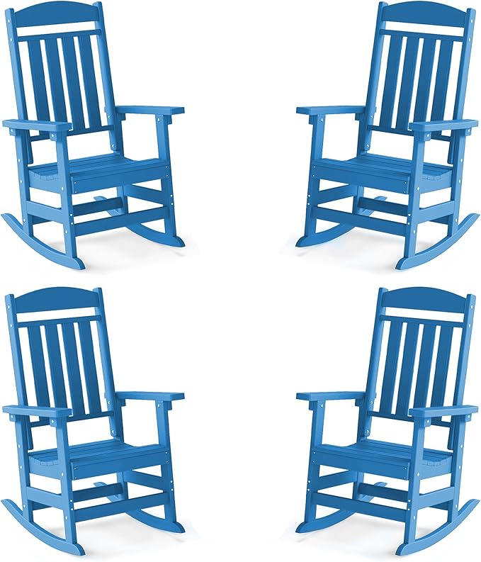 FOOWIN Outdoor Rocking Chair Set of 4, High Back Patio Rocking Chair, HDPE All Weather Resistant Porch Rocker for Adult, Oversized Rocking Chairs for Garden, Lawn, Indoor & Outdoor Use, Pacific Blue