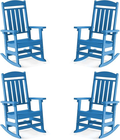 FOOWIN Outdoor Rocking Chair Set of 4, High Back Patio Rocking Chair, HDPE All Weather Resistant Porch Rocker for Adult, Oversized Rocking Chairs for Garden, Lawn, Indoor & Outdoor Use, Pacific Blue