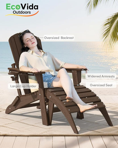 Upgraded Folding Adirondack Chair with All-Weather Cup Holder-EcoVida, Premium Wood Grain Texture, HDPE Waterproof, Suitable for Fire Pit, Patio, Porch, Coffee