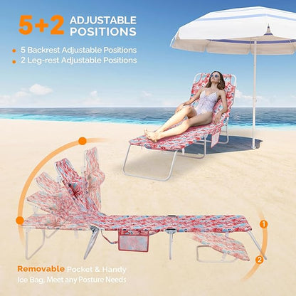 VINGLI Tanning Chair, Beach Lounge Chair with Face Hole, Lounge Chair Outdoor, Height-Adjustable Tanning Lounger, Anti-Tip Design, Carrying Bag, 475lbs, Flower