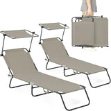 Folding Outdoor Lounge Chair Set of 2 with Adjustable Shade Canopy, Portable Sun Tanning Chairs, Gray (2, Taupe) - Photo 1