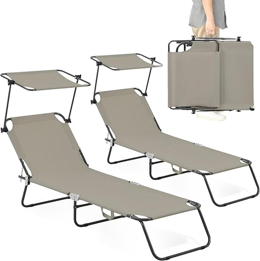 Folding Outdoor Lounge Chair Set of 2 with Adjustable Shade Canopy, Portable Sun Tanning Chairs, Gray (2, Taupe)