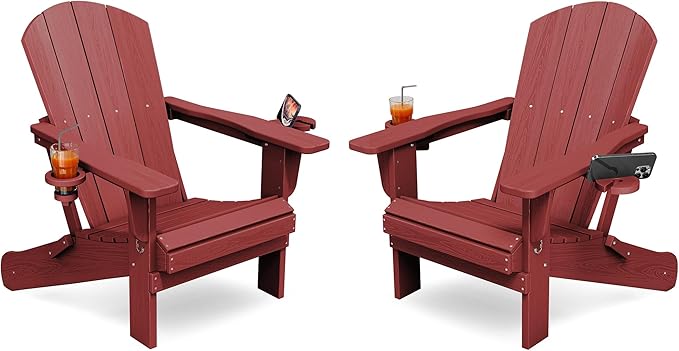 KINGYES Folding Adirondack Chair Set of 2, Dual Cup Holders & All-Weather HDPE, Wood-Like Patio Chair for Backyard, Camping, Pool & Fire Pit, Dark Red