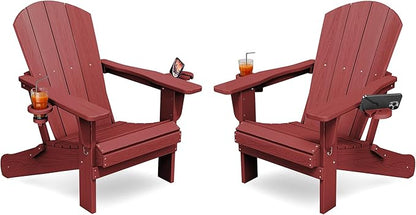 KINGYES Folding Adirondack Chair Set of 2, Dual Cup Holders & All-Weather HDPE, Wood-Like Patio Chair for Backyard, Camping, Pool & Fire Pit, Dark Red