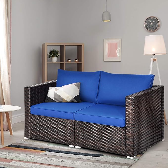 Tangkula Wicker Loveseat 2 Piece, Patio Furniture Couch with Removable Cushions, Rattan Loveseat Sofa for Balcony, Deck - Photo 5