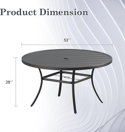 Outdoor Dining Table for 8, 53" Round Outdoor Table with Adjustable Umbrella Hole, All-Weather Metal Patio Dining Table for Lawn Garden Backyard Deck, Black