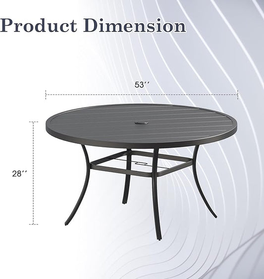Outdoor Dining Table for 8, 53" Round Outdoor Table with Adjustable Umbrella Hole, All-Weather Metal Patio Dining Table for Lawn Garden Backyard Deck, Black